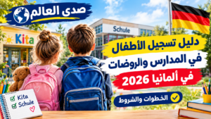 غلاف مقال صدى العالم عن دليل تسجيل الأطفال في المدارس والروضات في ألمانيا لعام 2026، يظهر فيه طفلان بحقائب مدرسية وعلم ألمانيا.